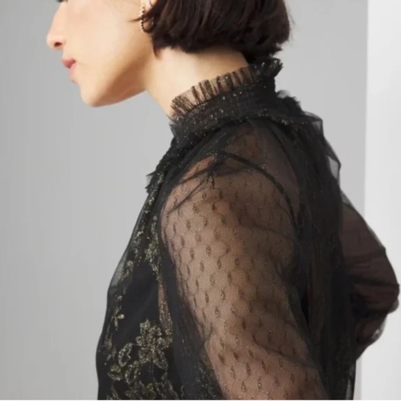 White House Black Market Black Sheer Lace Blouse with Gold Metallic Thread - Picture 3 of 7